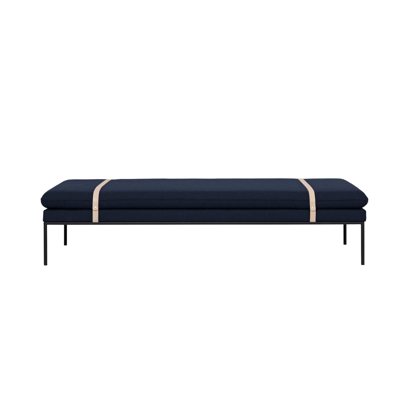 Ferm Living Turn Daybed in Fiord by Kvadrat dark blue fabric and harness straps. Made to order from someday designs.  #colour_dark-blue-fiord-by-kvadrat