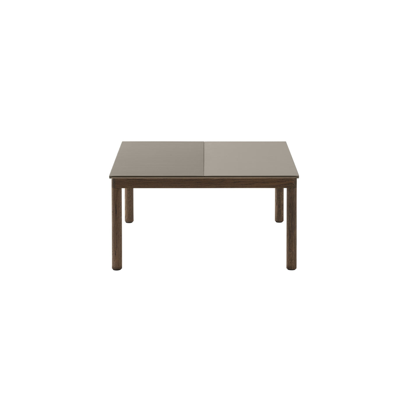 Muuto Couple Coffee Table 1 plain 1 wavy tiles, taupe with dark oiled oak base. #style_1-plain-1-wavy