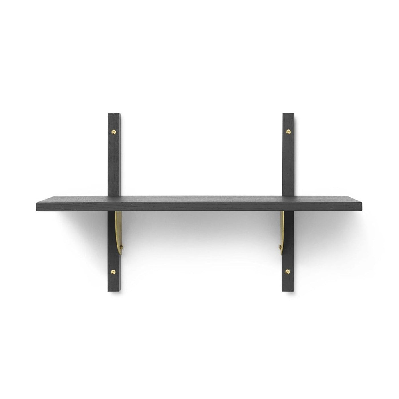 Ferm Living Sector shelf, single narrow in black ash with polished brass brackets. Available from someday designs