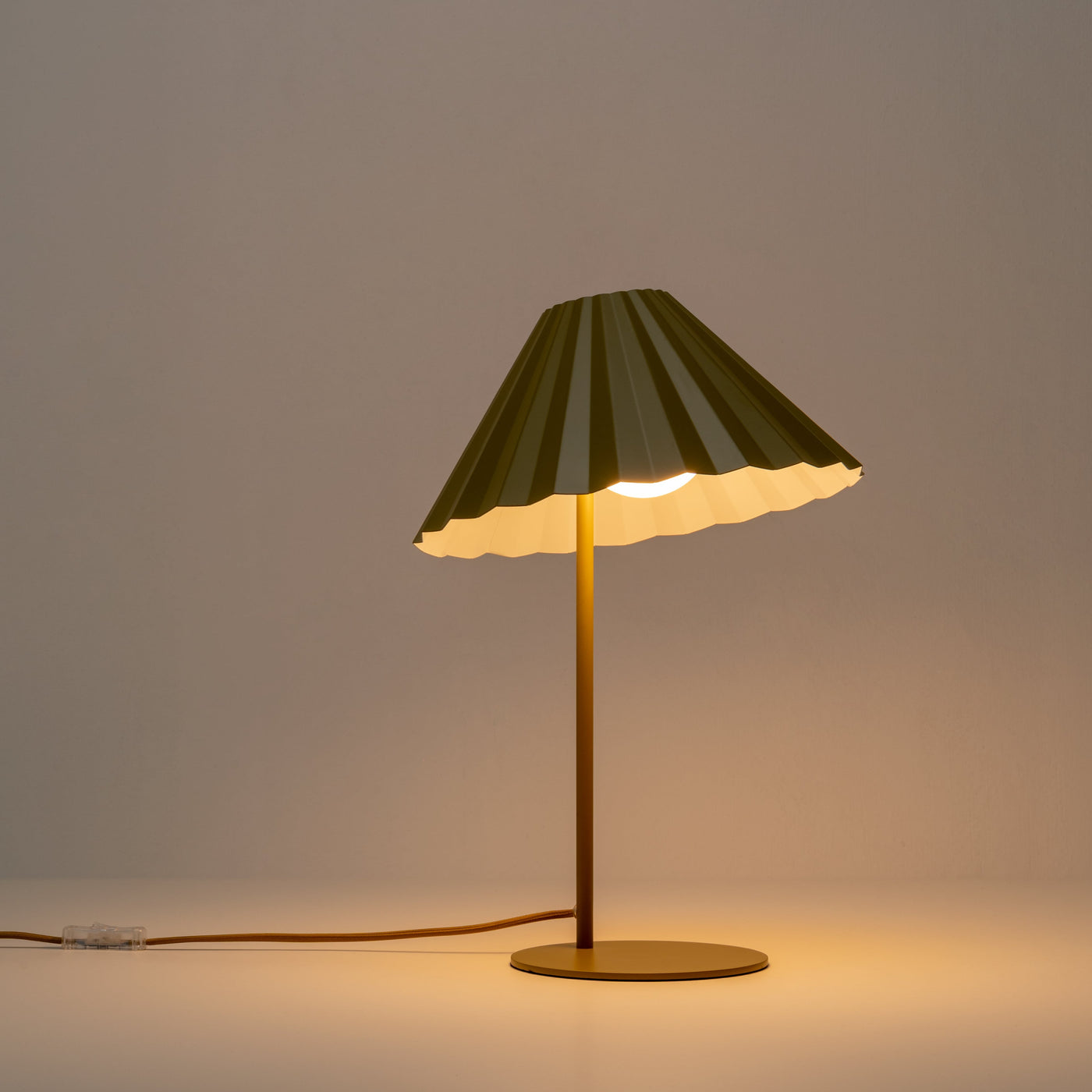 Houseof Pleat Table Lamp designed by Emma Gurner, light on. Available from someday designs.