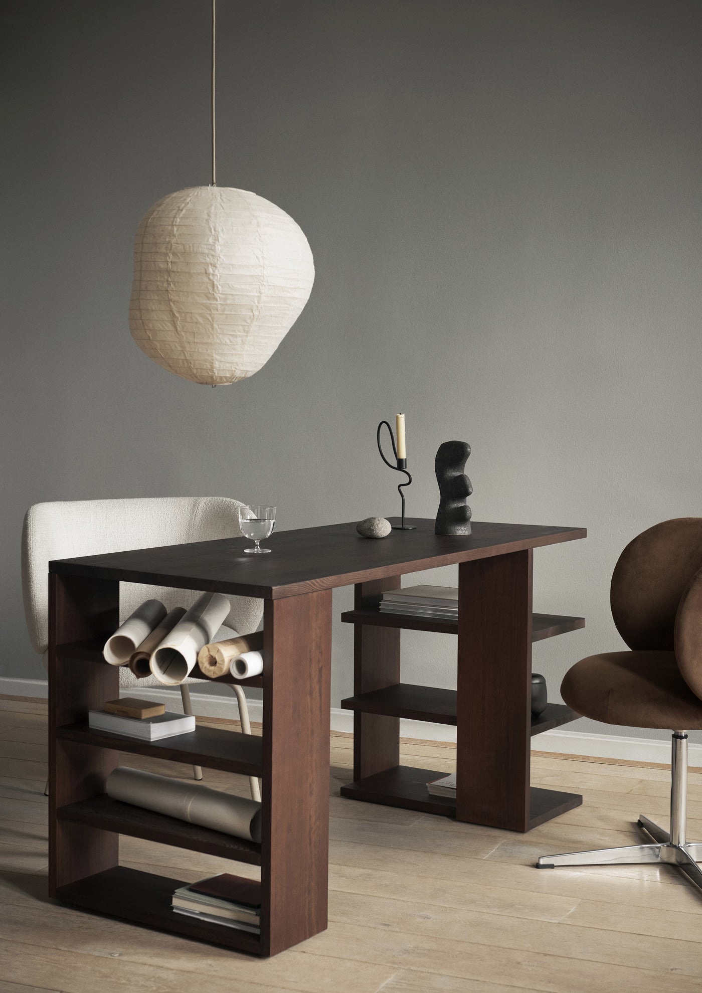 ferm LIVING Rico Dining Chair Swivel desk lifestyle. #colour_soft-brown-rich-velvet