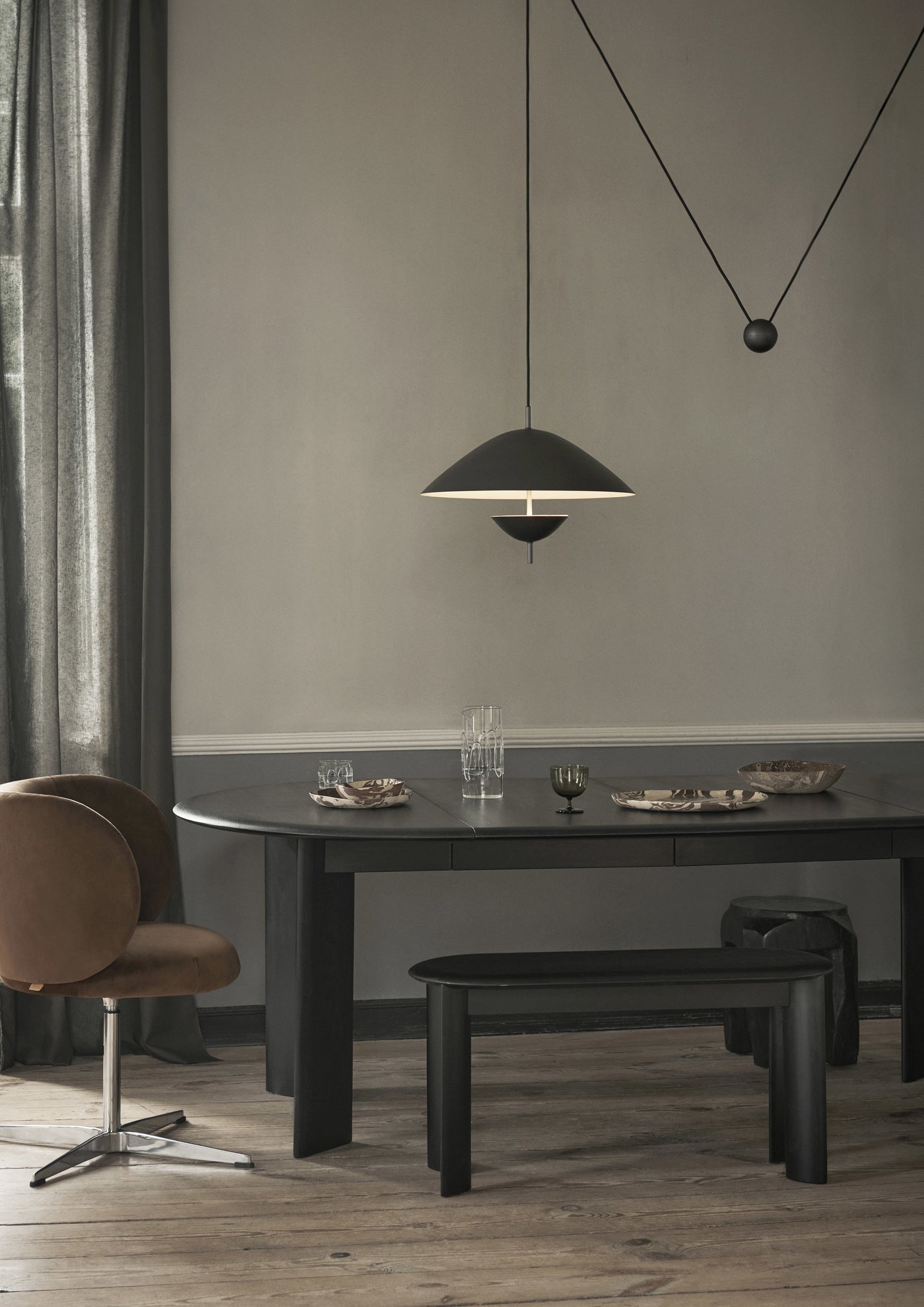 ferm LIVING Rico Dining Chair Swivel desk lifestyle. #colour_soft-brown-rich-velvet
