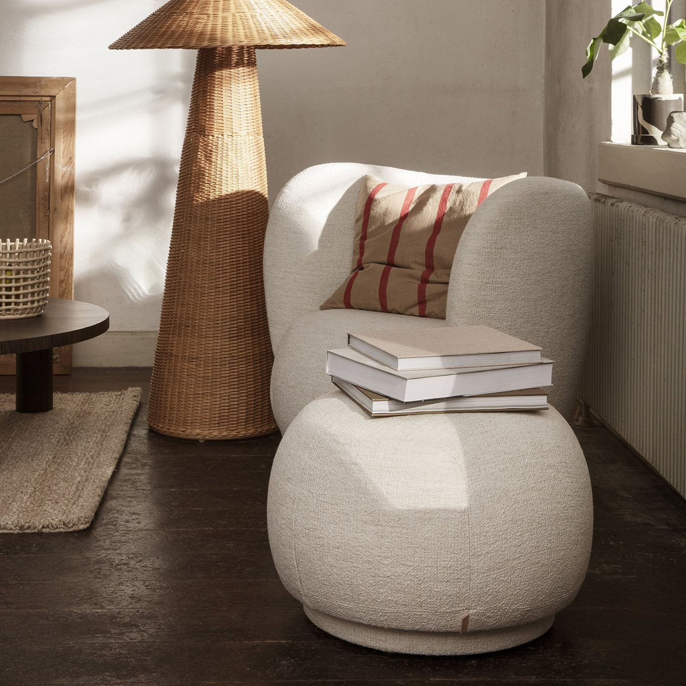 Ferm Living Rico pouf in off-white boucle lifestyle image. Shop online at someday designs. #colour_off-white-boucle