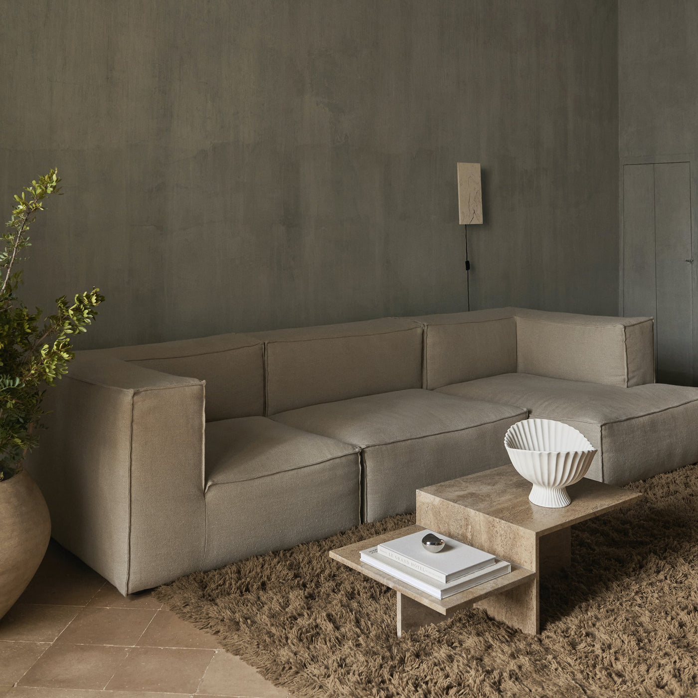 ferm LIVING Catena 3 seater modular sofa. Configuration 1. #colour_light-grey-confetti-boucle