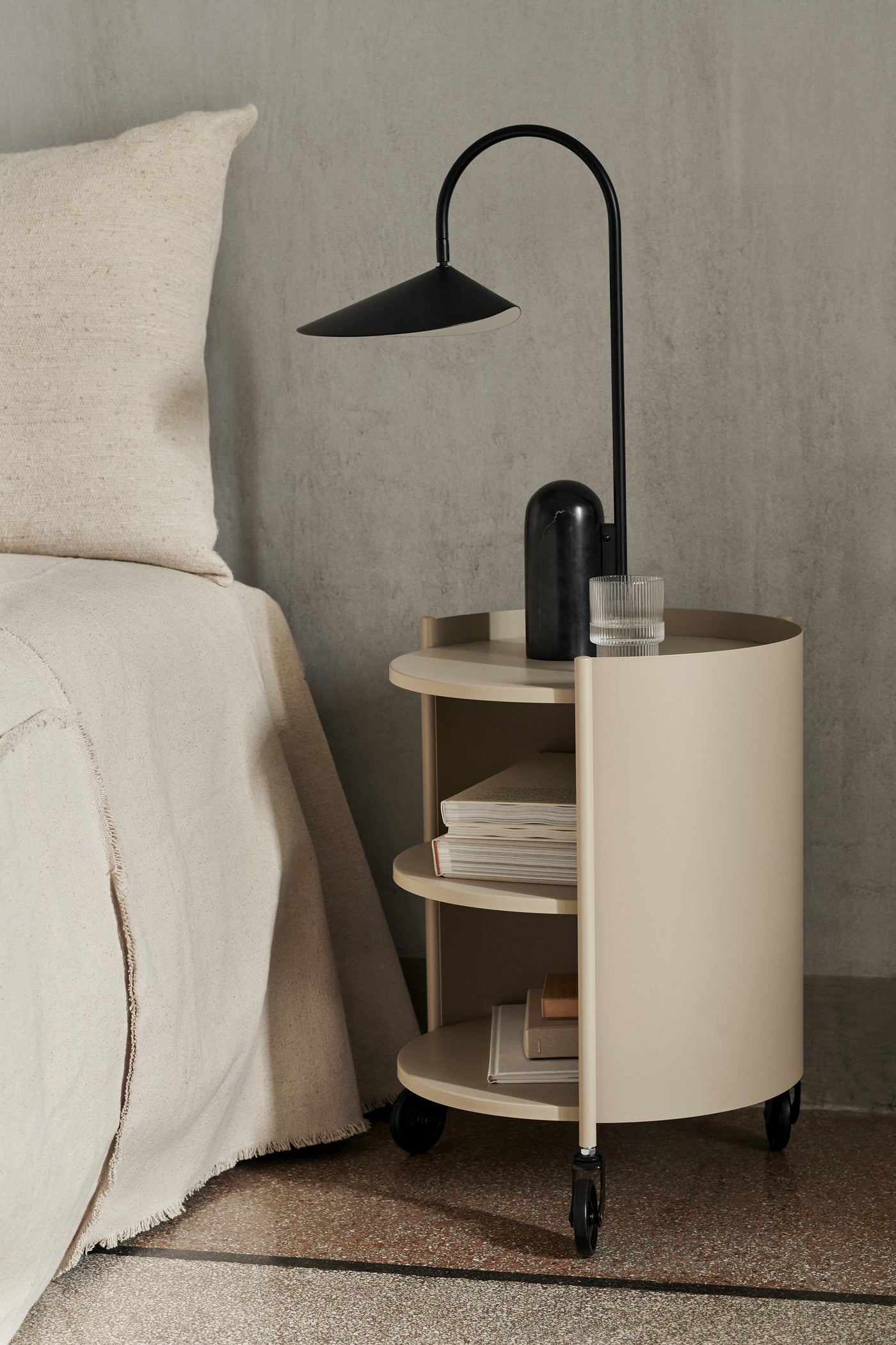 ferm LIVING Eve Storage table as bedside table with Arum Lamp. Free UK delivery at someday designs. #colour_cashmere