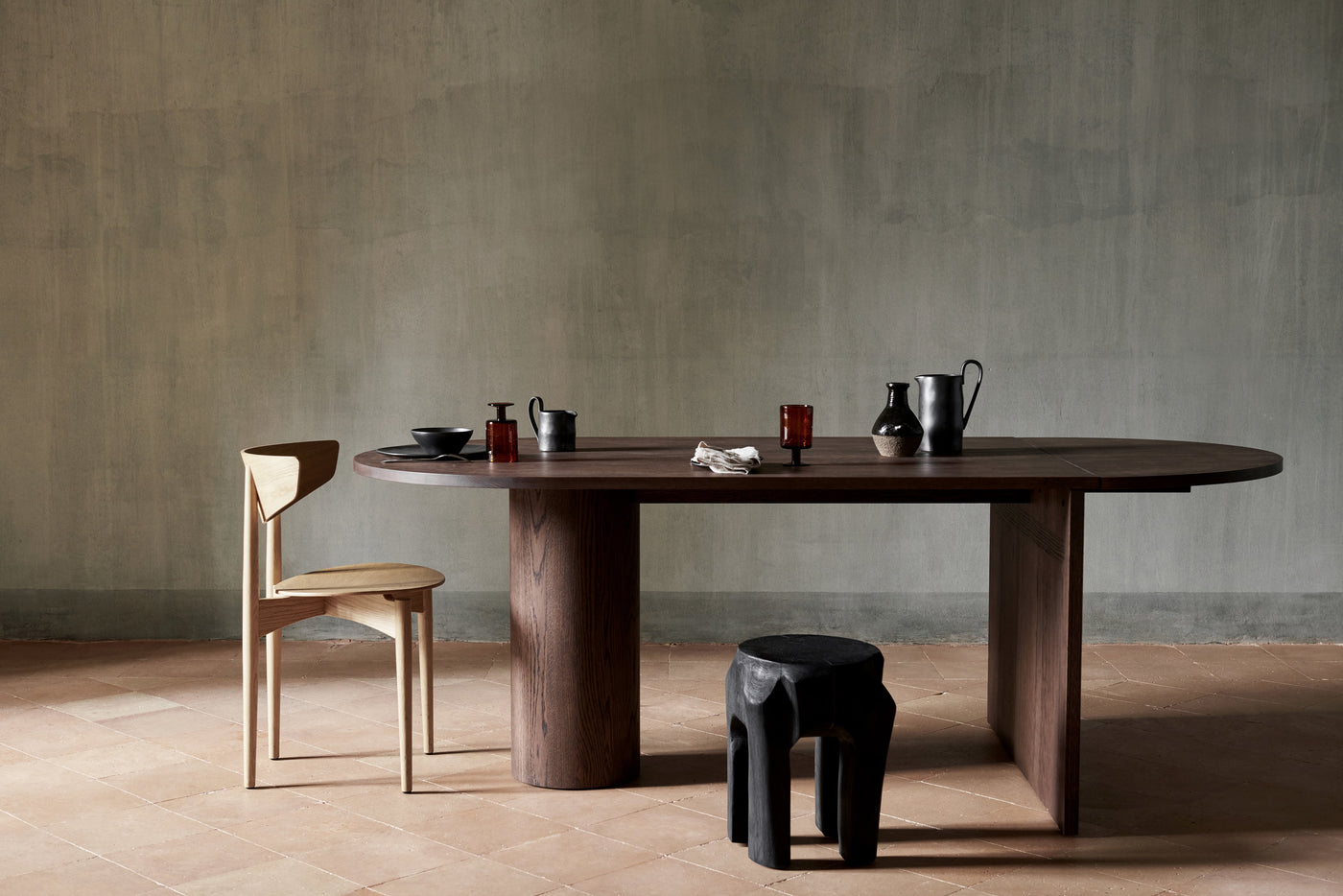 ferm LIVING Pylo Dining Table in solid oak with root stool and herman dining chair. Free UK delivery at someday designs