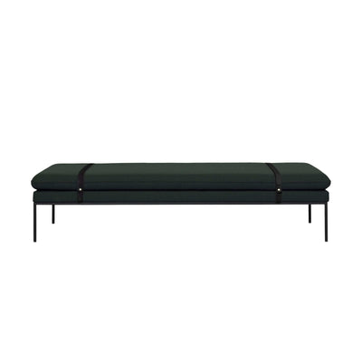 Ferm Living Turn Daybed in Fiord by Kvadrat dark green fabric and black leather straps. Made to order from someday designs. #colour_dark-green-fiord-by-kvadrat