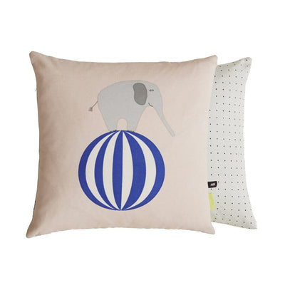 OYOY beautiful elephant cushion with delicate dot pattern on reverse.  In a pretty pastel shell shade with striking blue it makes a stylish addition to any kids room.