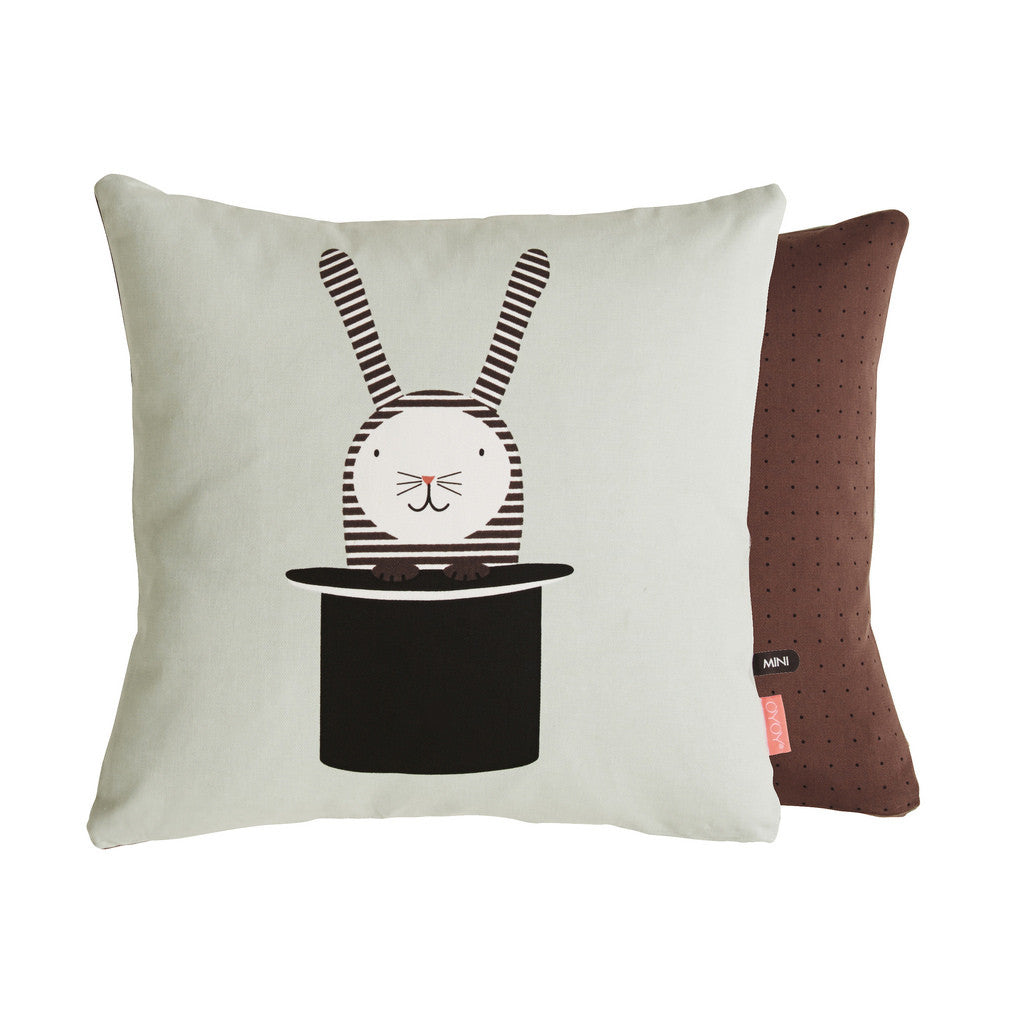 rabbit in hat magical trick cushion print with dot print reverse side from Danish design brand OYOY