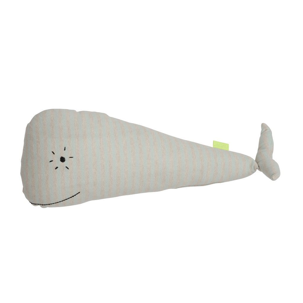 friendly and delicate whale moby cushion with cute embroidered eye and mouth detailing.  
