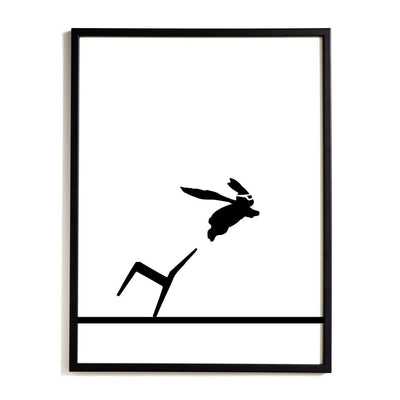 HAM rabbit flying to the rescue as a superhero, launching off a tipped chair as his cape billows out behind him. Fun and playful series of prints. Ideal for adults and children.