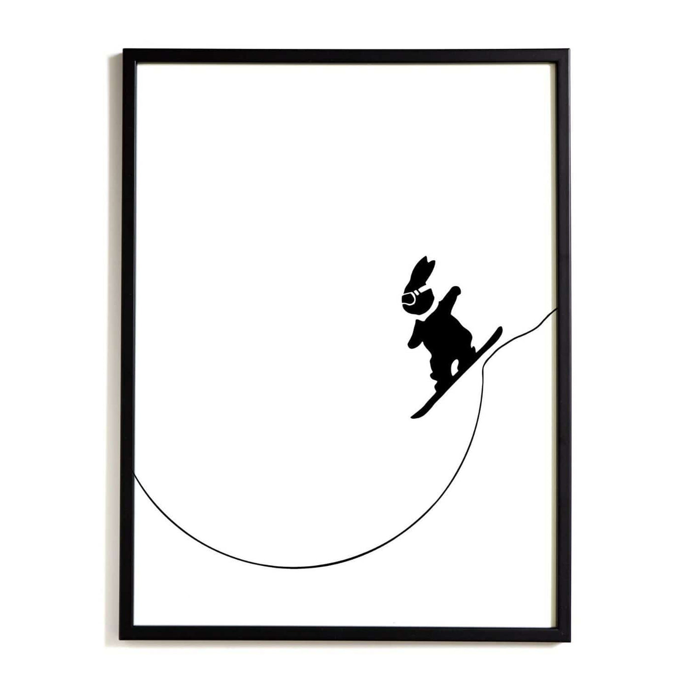 black and white image of HAM rabbit snowboarding into a half pipe. Scarf blowing in the wind. Fun and playful series of prints. Ideal for adults and children.