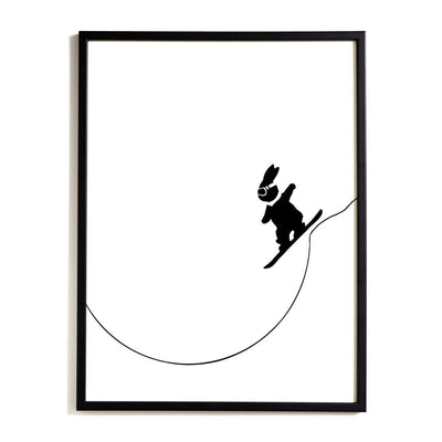 black and white image of HAM rabbit snowboarding into a half pipe. Scarf blowing in the wind. Fun and playful series of prints. Ideal for adults and children.