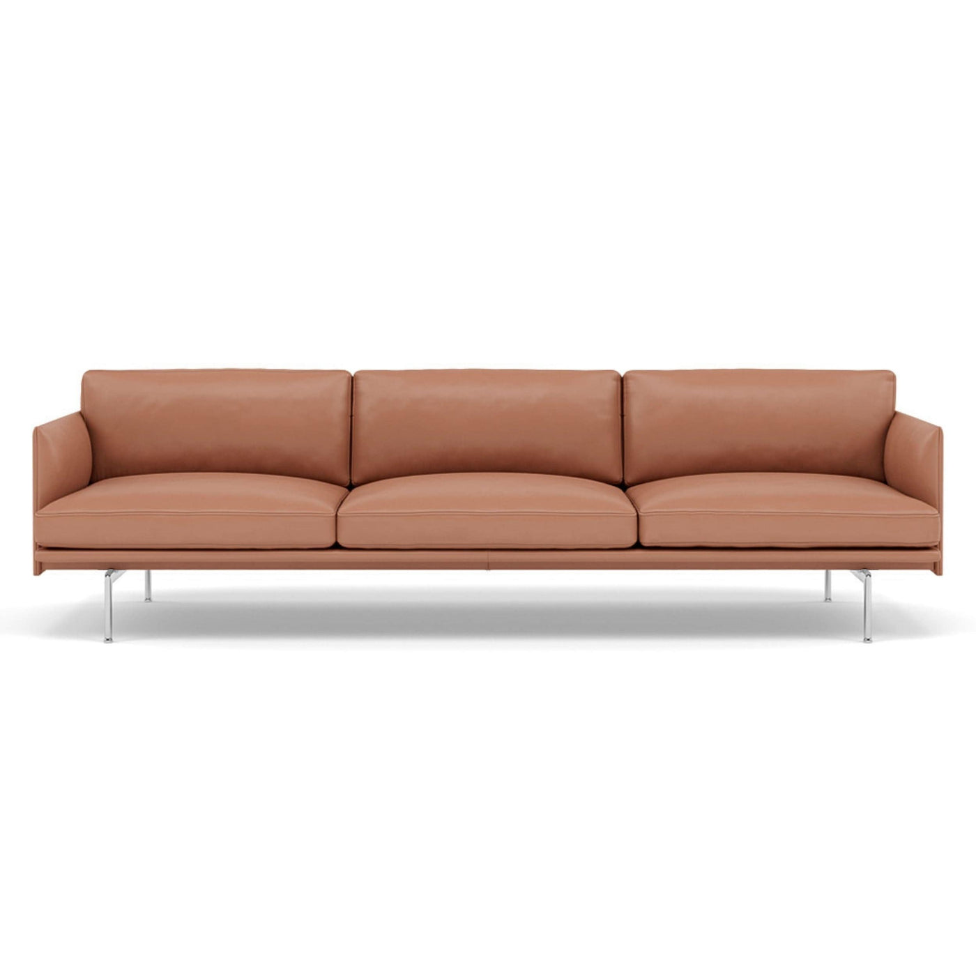 muuto outline 3.5 seater sofa in cognac refine leather and polished aluminium legs. Made to order from someday designs. #colour_cognac-refine-leather