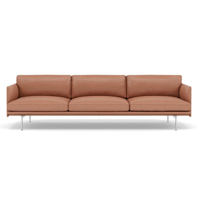 muuto outline 3.5 seater sofa in cognac refine leather and polished aluminium legs. Made to order from someday designs. #colour_cognac-refine-leather