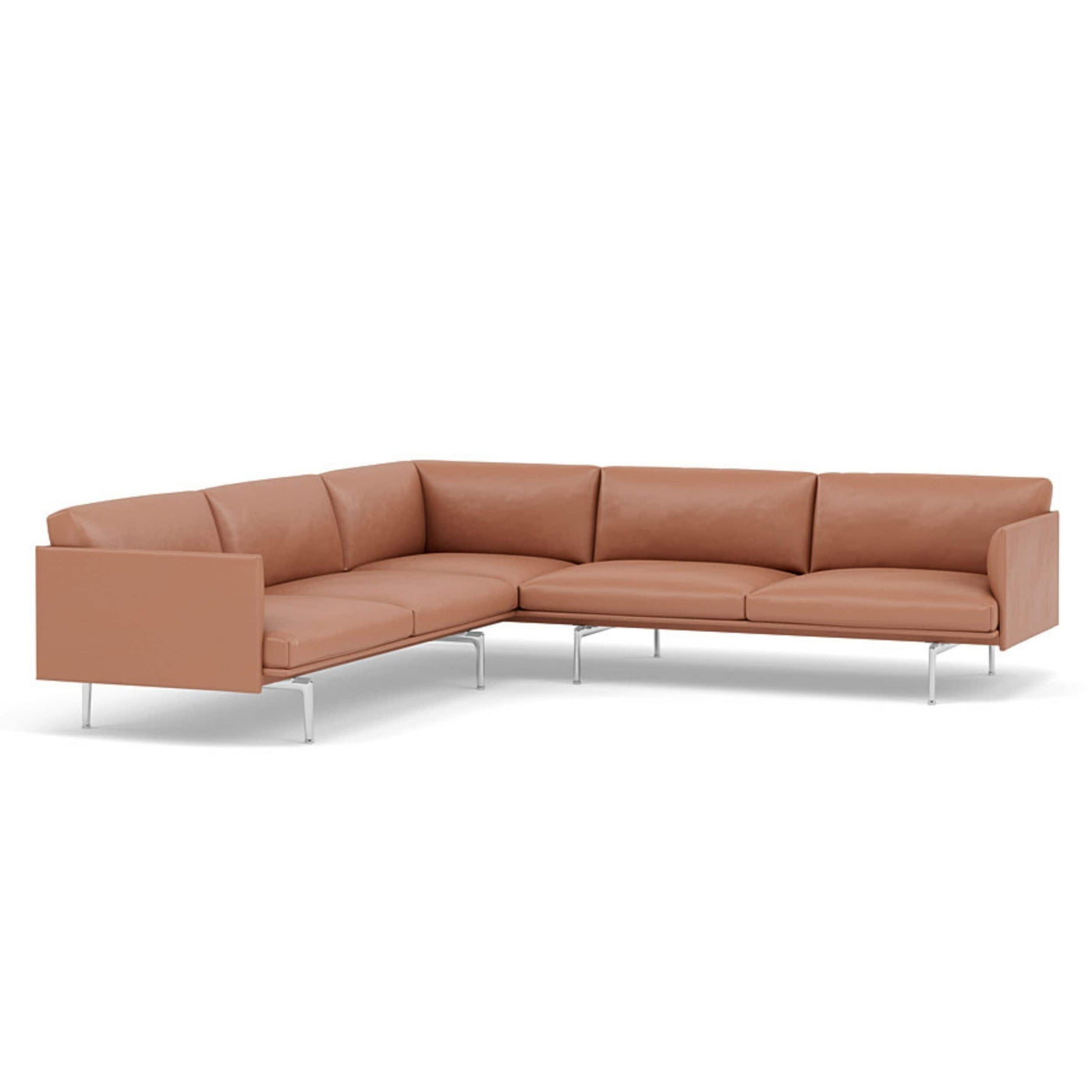 muuto outline corner sofa in cognac refine leather and polished aluminium legs. Made to order from someday designs. #colour_cognac-refine-leather