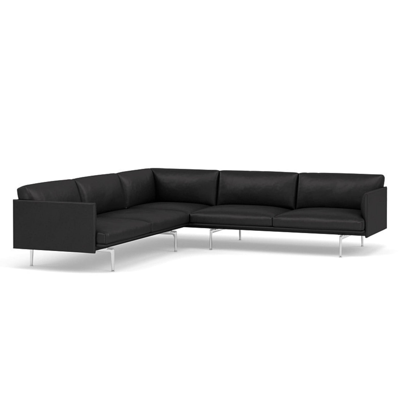 muuto outline corner sofa in black refine leather fabric and polished aluminium legs. Made to order from someday designs. #colour_black-refine-leather
