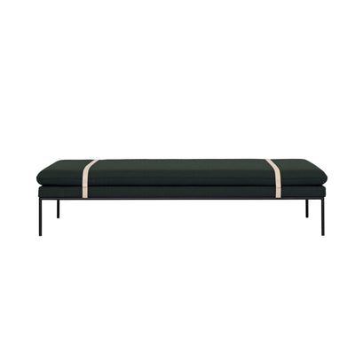 Ferm Living Turn Daybed in Fiord by Kvadrat dark green fabric and harness straps. Made to order from someday designs.  #colour_dark-green-fiord-by-kvadrat