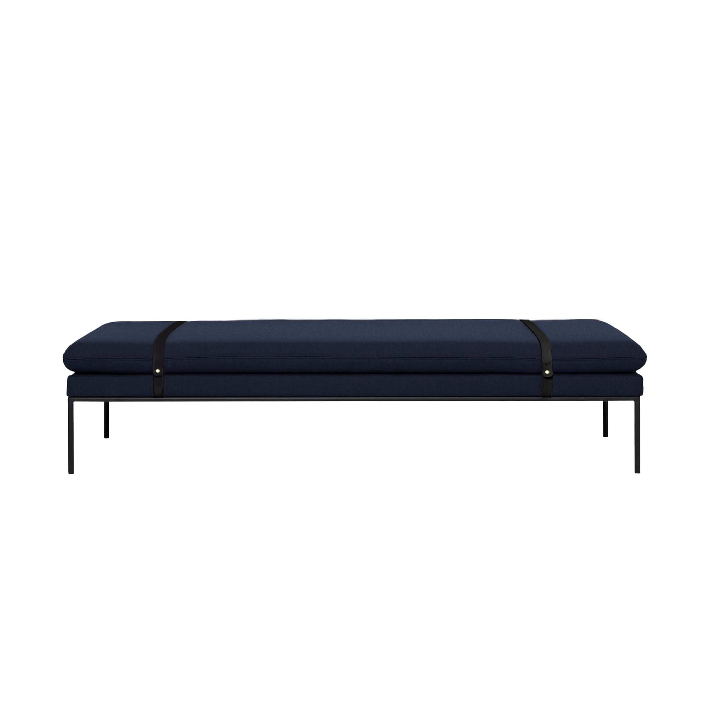 Ferm Living Turn Daybed in Fiord by Kvadrat dark blue fabric and black leather straps. Made to order from someday designs. #colour_dark-blue-fiord-by-kvadrat