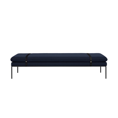 Ferm Living Turn Daybed in Fiord by Kvadrat dark blue fabric and black leather straps. Made to order from someday designs. #colour_dark-blue-fiord-by-kvadrat