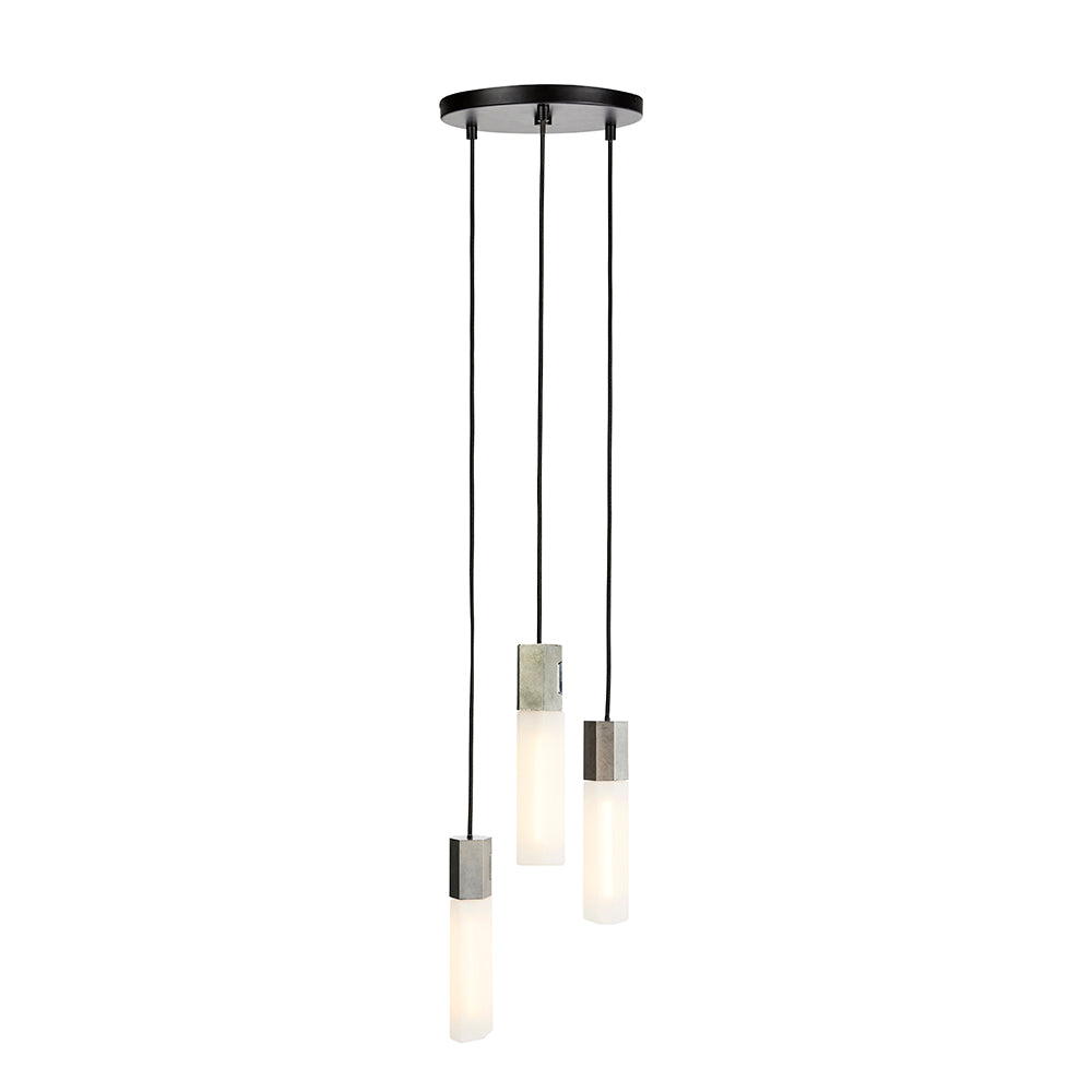 Tala Basalt Triple Pendant in stainless steel turned on. Free + fast UK delivery from someday designs. #colour_stainless-steel