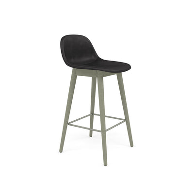 fiber counter stool with back rest, dusty green legs. #colour_black-refine-leather