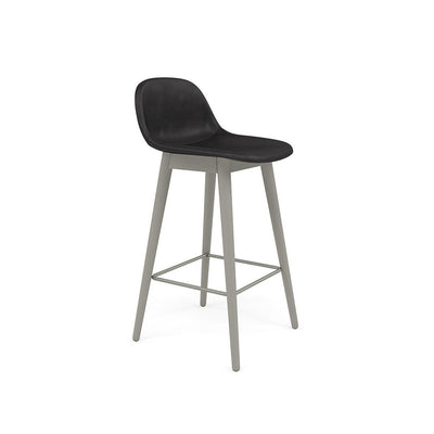 fiber counter stool with backrest, grey legs. #colour_black-refine-leather