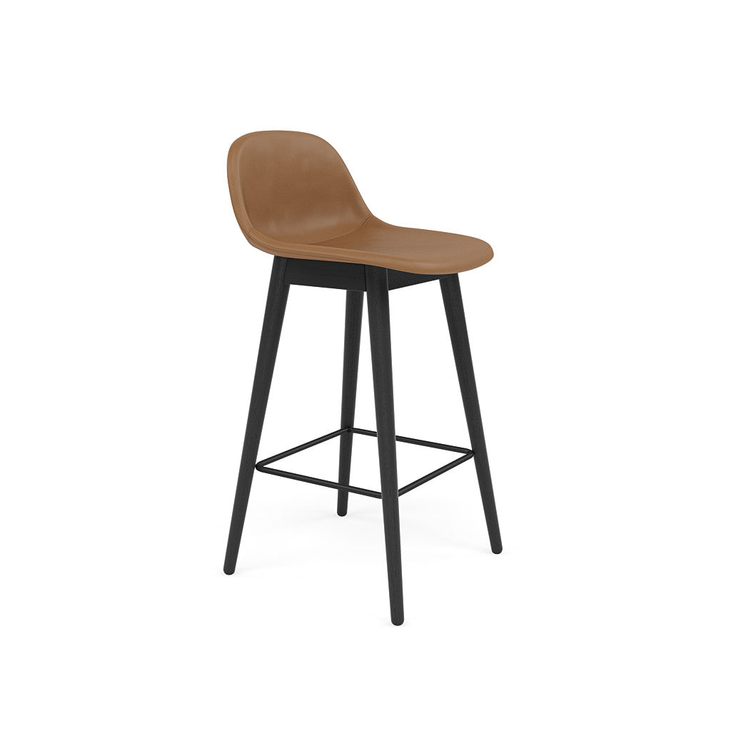 fiber counter stool with back rest black legs. #colour_cognac-refine-leather