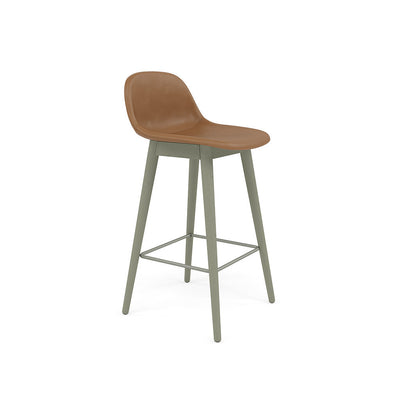 fiber counter stool with back rest dusty green legs. #colour_cognac-refine-leather