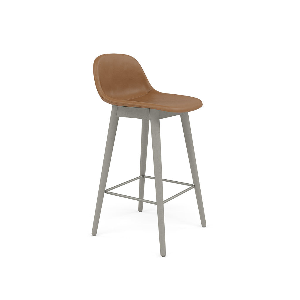 fiber counter stool with back rest, grey legs. #colour_cognac-refine-leather