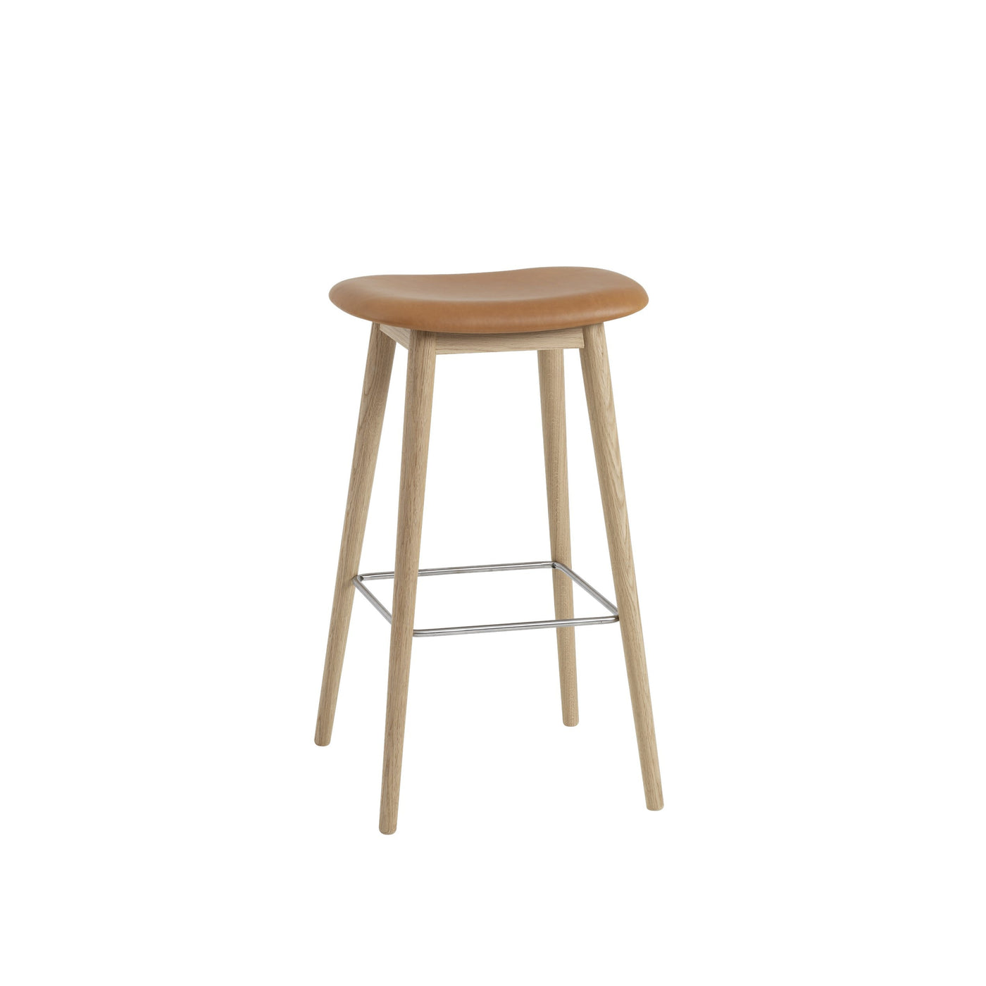 muuto fiber bar stool wood base cognac refine leather 75cm available at someday designs. #colour_cognac-refine-leather