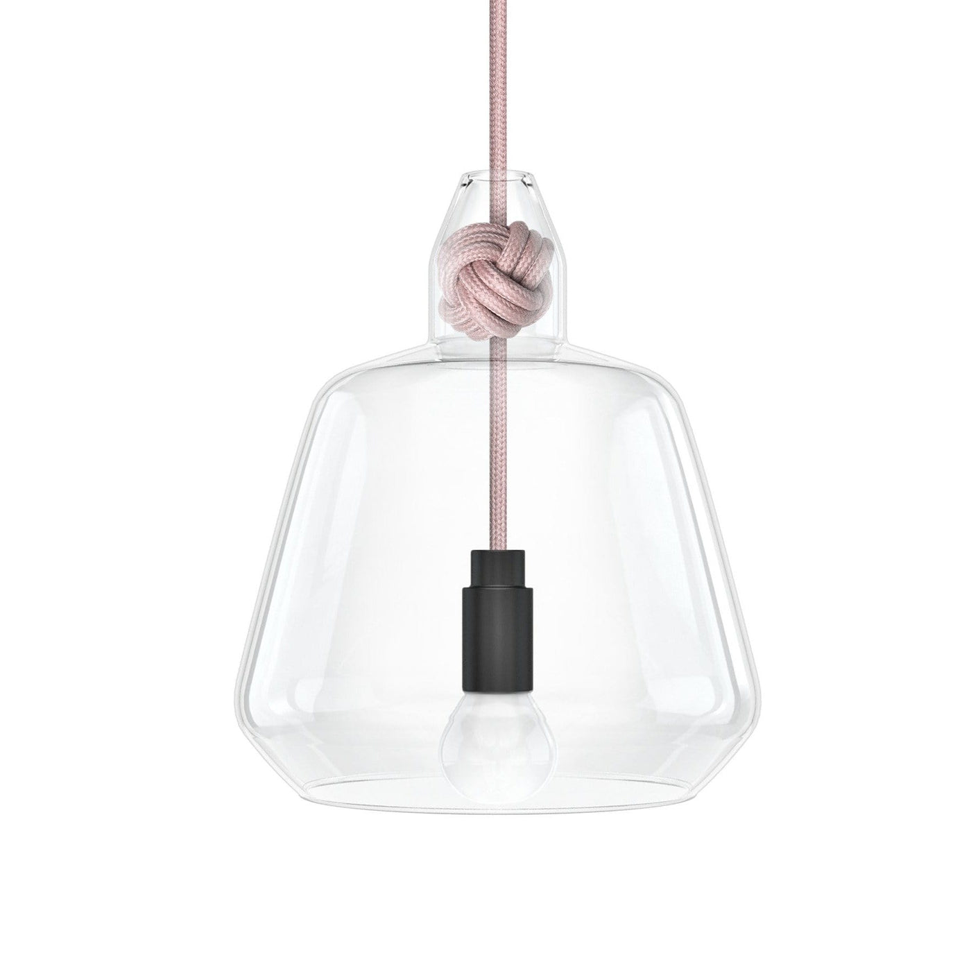 Knot Lamp is made from handblown glass with two shade designs, both supported by a monkey fist knot in a choice of 6 colours.  Pictured here with dusty pink fabric cord.  Beautiful, simple and versatile lighting.