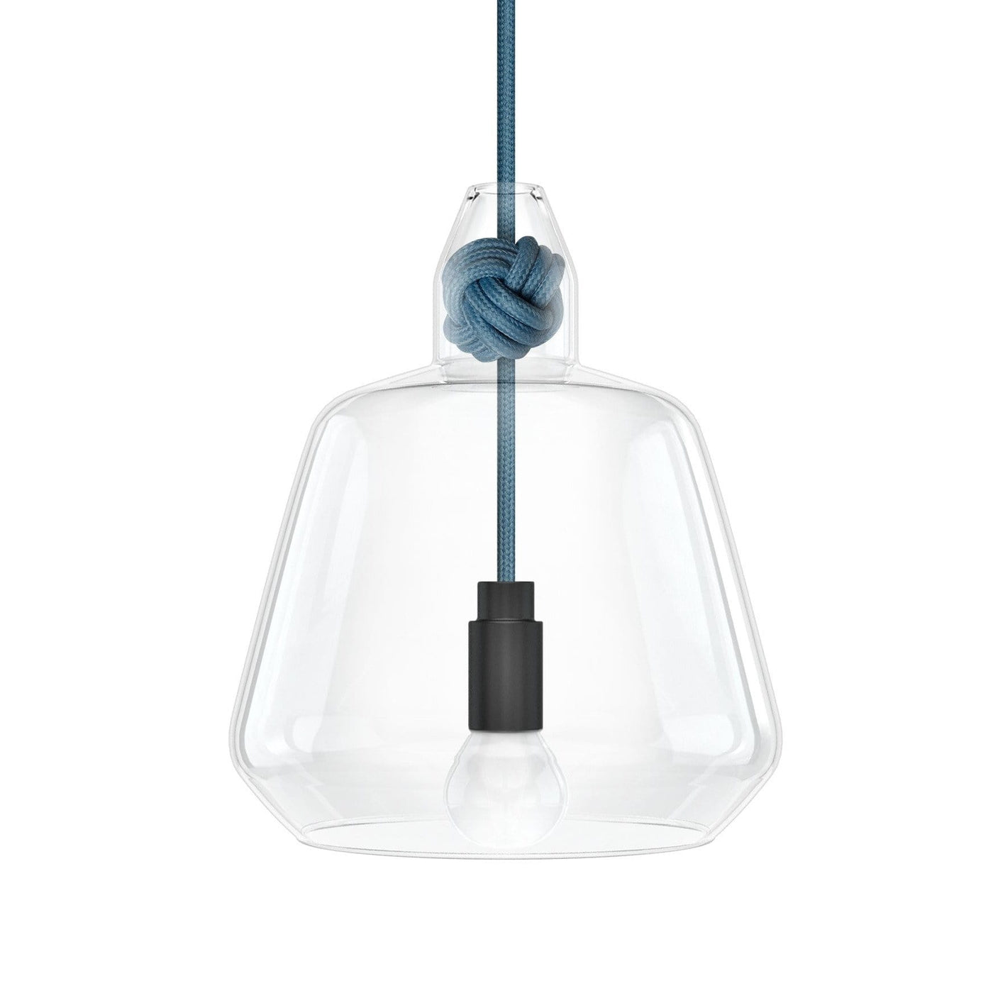 Knot Lamp is made from handblown glass with two shade designs, both supported by a monkey fist knot in a choice of 6 colours.  Pictured here with mid blue fabric cord.  Beautiful, simple and versatile lighting.