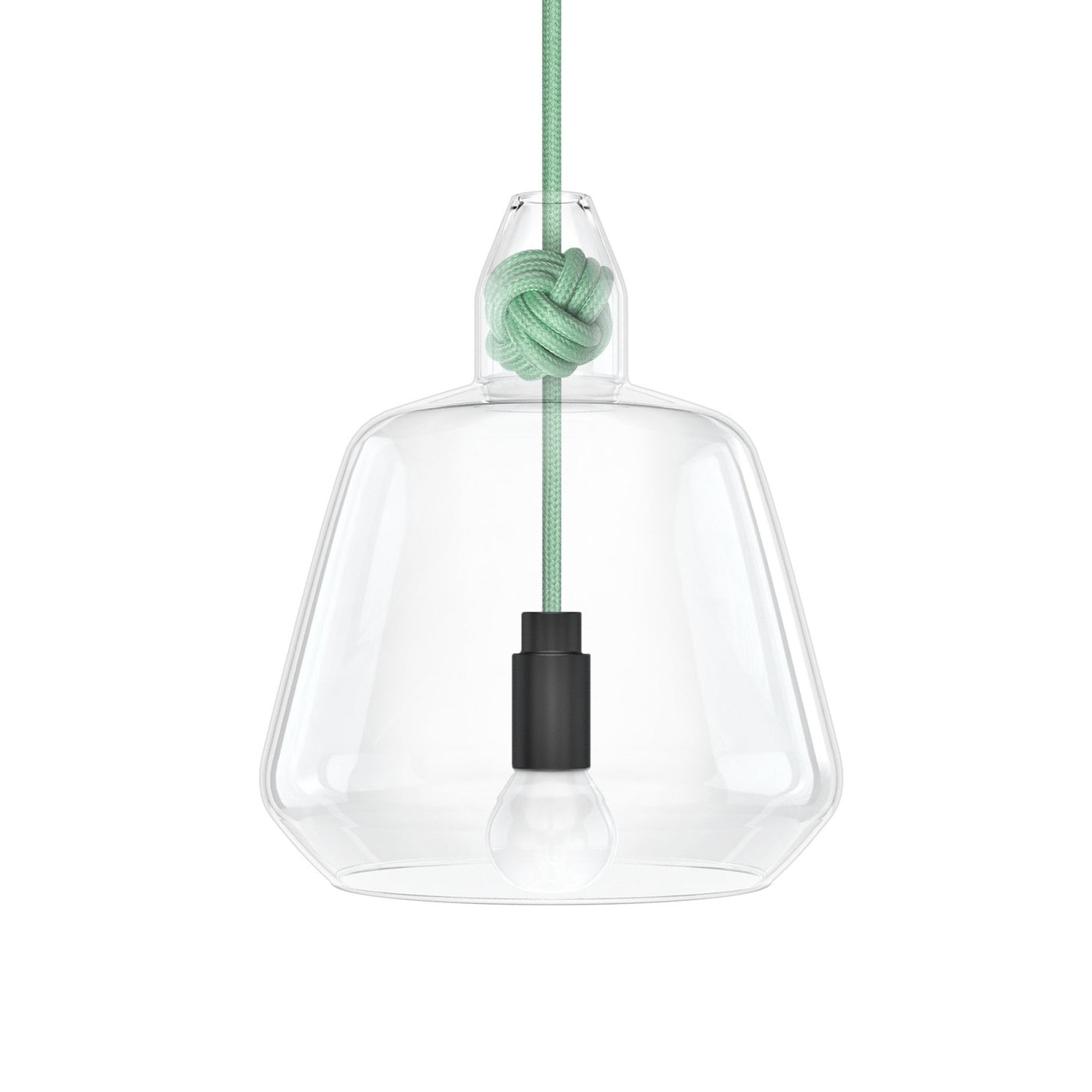 Knot Lamp is made from handblown glass with two shade designs, both supported by a monkey fist knot in a choice of 6 colours.  Pictured here with mint fabric cord.  Beautiful, simple and versatile lighting.
