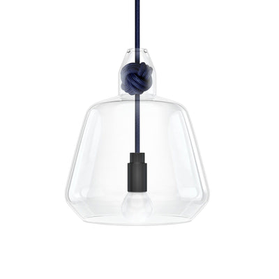 Knot Lamp is made from handblown glass with two shade designs, both supported by a monkey fist knot in a choice of 6 colours.  Pictured here with navy fabric cord.  Beautiful, simple and versatile lighting.