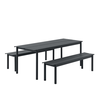 Muuto Linear Steel Outdoor Dining Set includes a large table and two benches with ample seating for 6-8 people. #colour_black