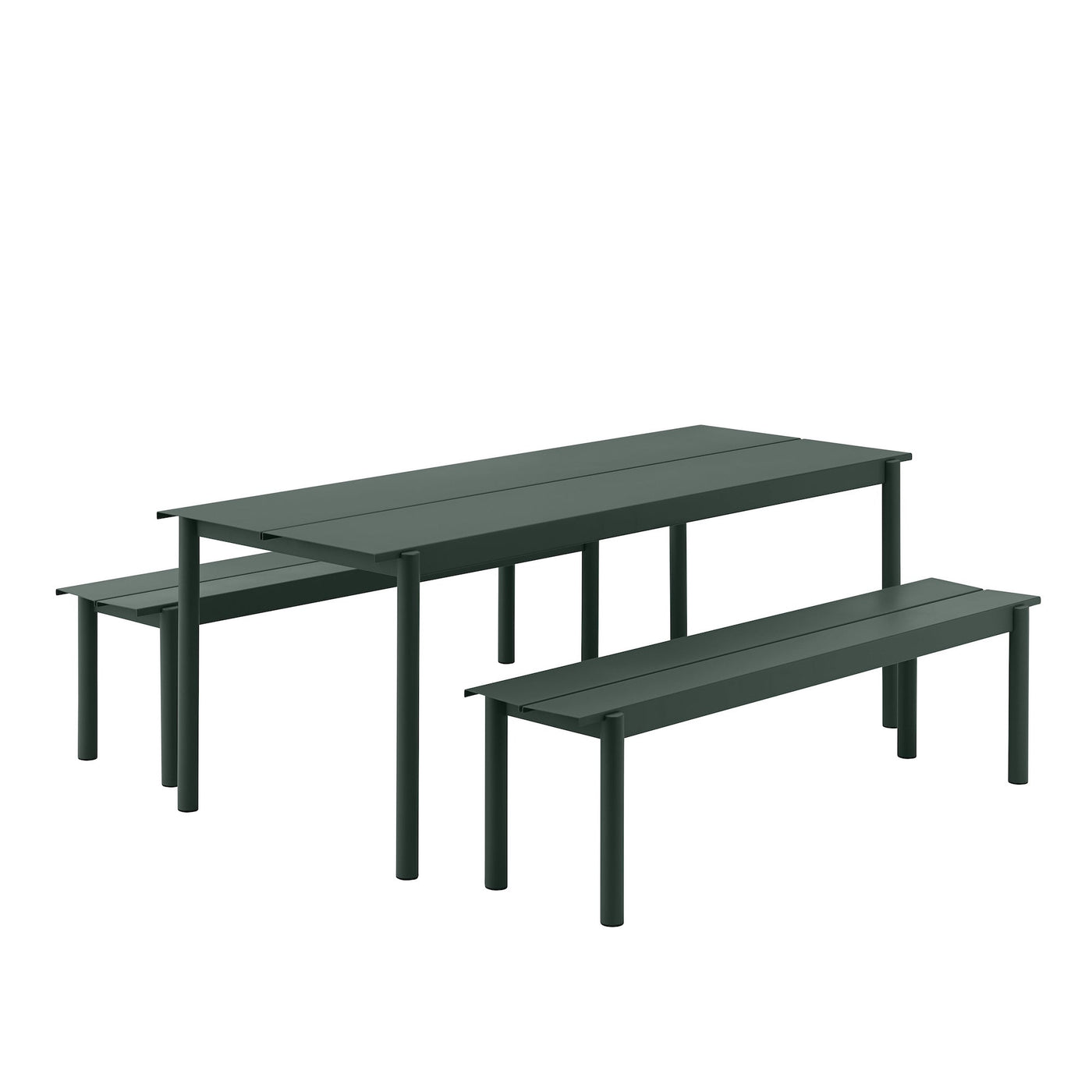 Muuto Linear Steel Outdoor Dining Set includes a large table and two benches with ample seating for 6-8 people. #colour_dark-green