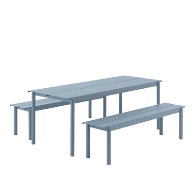 Muuto Linear Steel Outdoor Dining Set includes a large table and two benches with ample seating for 6-8 people. #colour_pale-blue