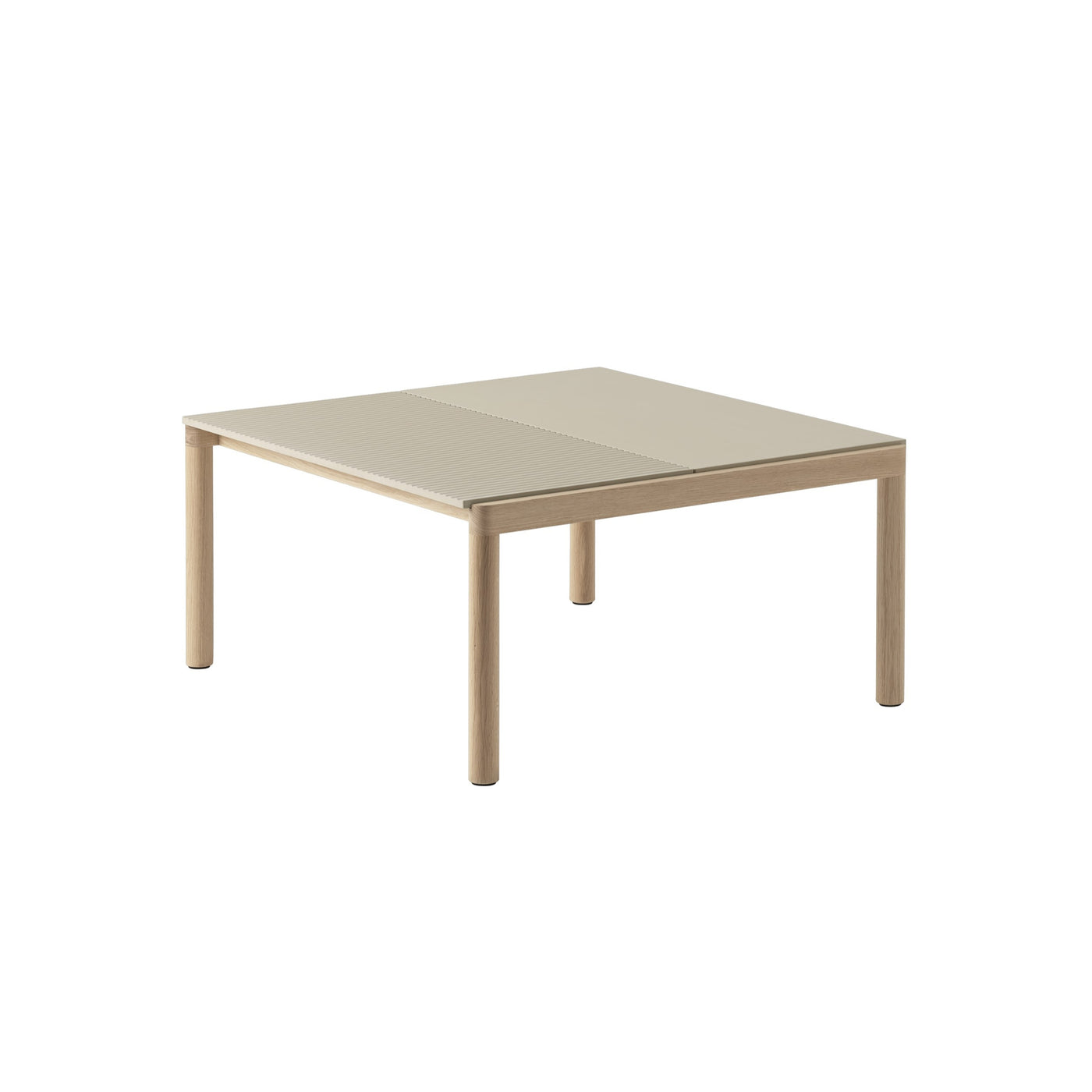 Muuto Couple Coffee Table 1 plain 1 wavy tiles, sand with oak base. #style_1-plain-1-wavy