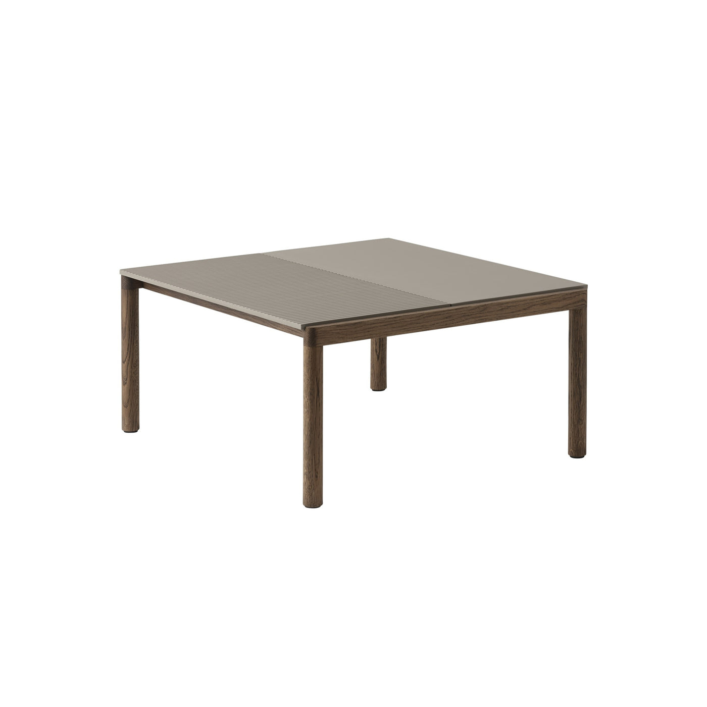 Muuto Couple Coffee Table 1 plain 1 wavy tiles, taupe with dark oiled oak base. #style_1-plain-1-wavy