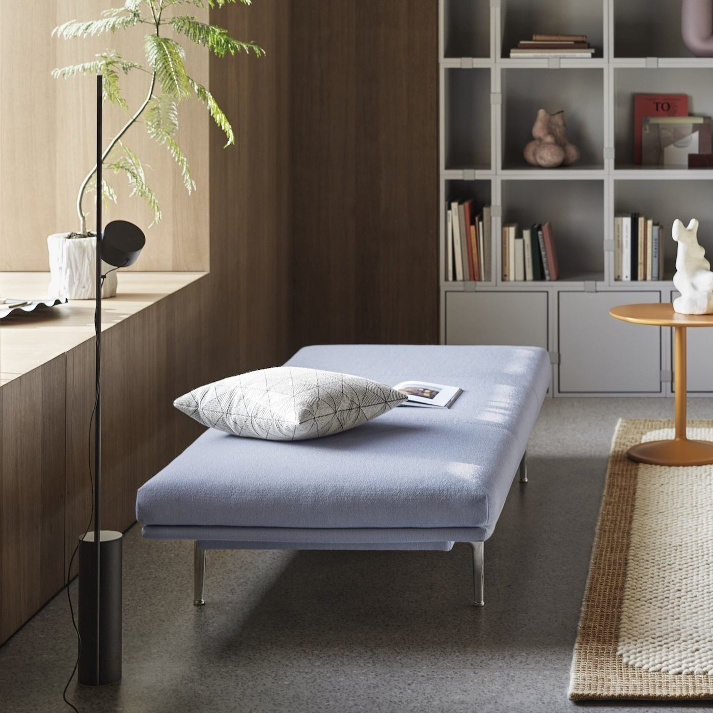 Muuto Outline Daybed in Vidar light blue with polished aluminium legs. Made to order from someday designs