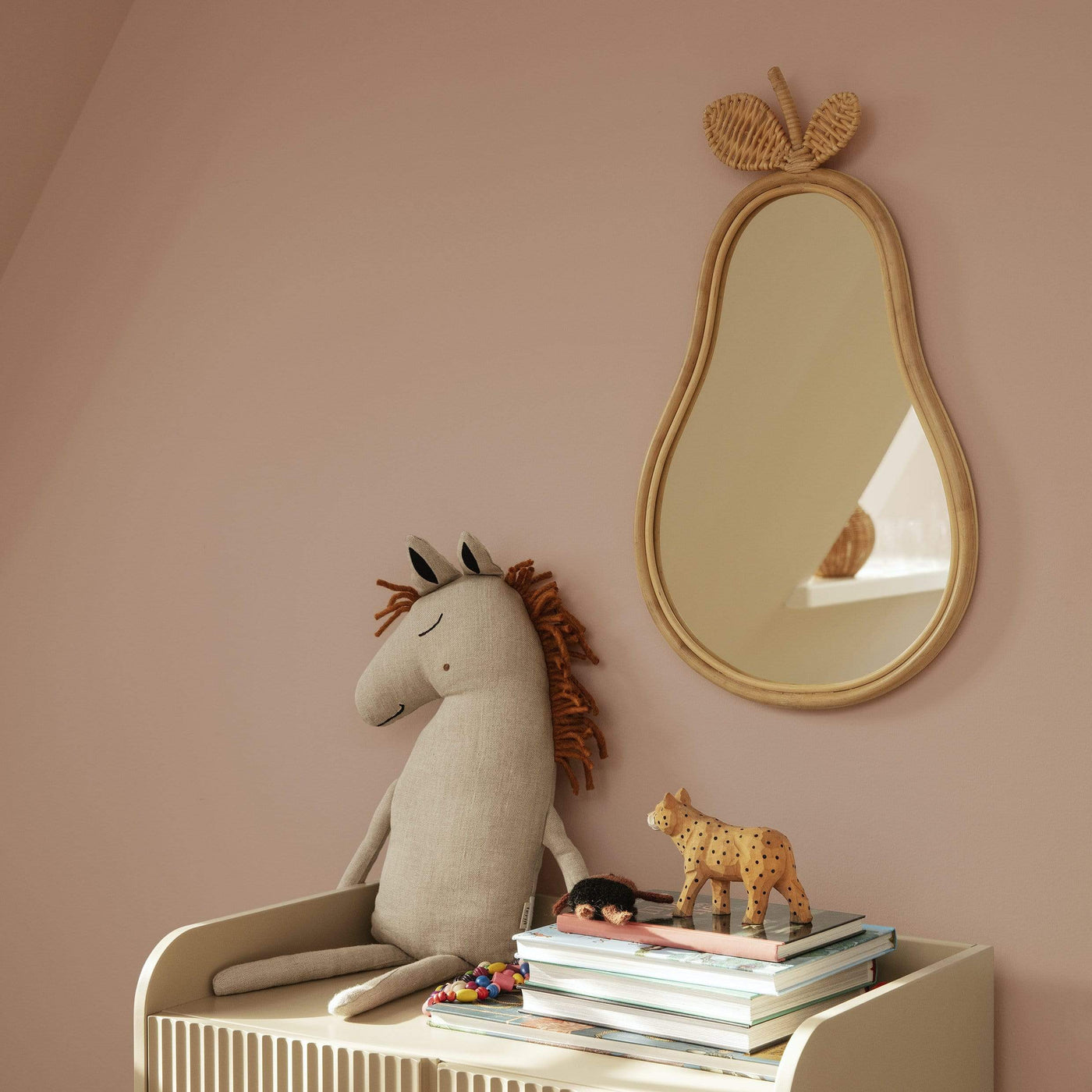 Ferm Livings petite pear mirror has a bamboo & rattan frame. Bring a natural & playful touch to a kids bedroom. Free UK delivery from someday designs. 