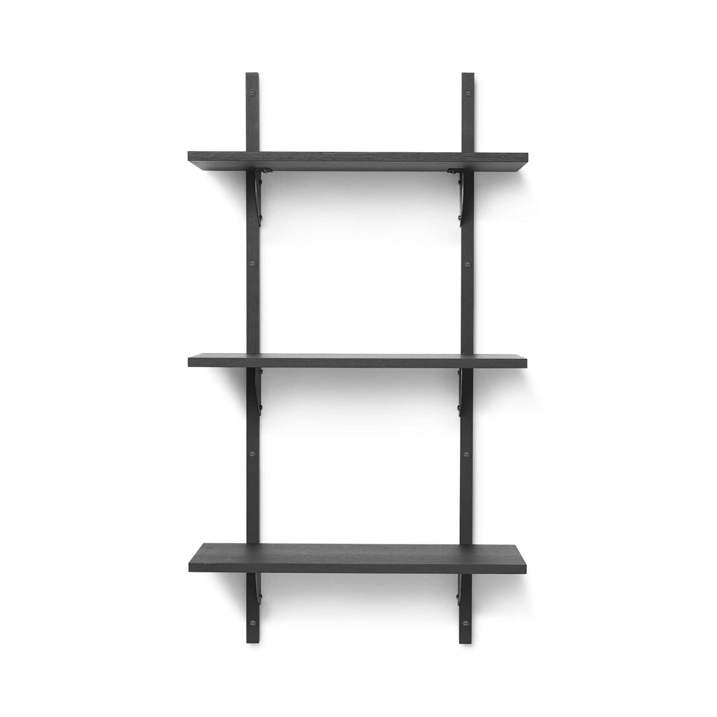 Ferm Living Sector shelf triple narrow in black ash with blackened brass brackets. Available from someday designs. #colour_black-ash