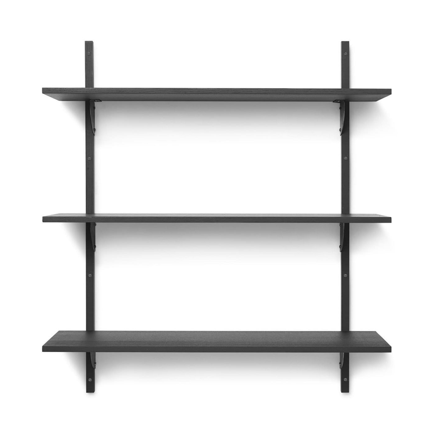 Ferm Living Sector Shelf triple wide in black ash with blackened brass brackets. Available from someday designs 