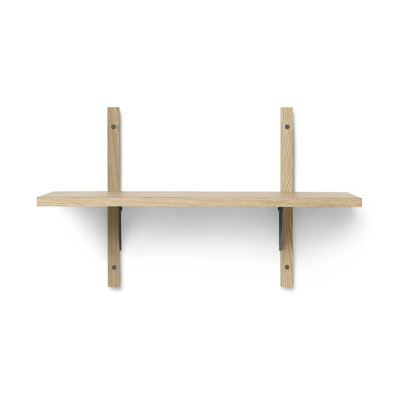 Ferm Living Sector shelf, single narrow in natural oak with blackened brass brackets. Available from someday designs