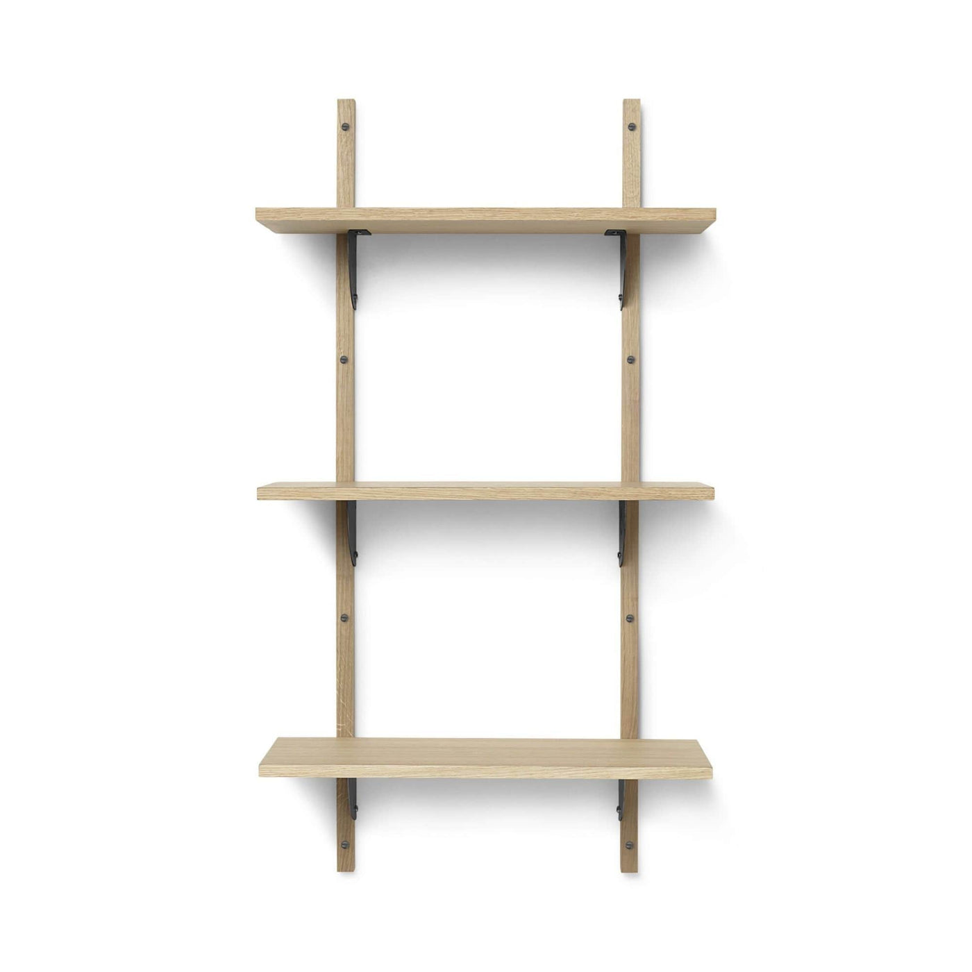 Ferm Living Sector shelf triple narrow in natural oak with blackened brass brackets. Available from someday designs. #colour_natural-oak