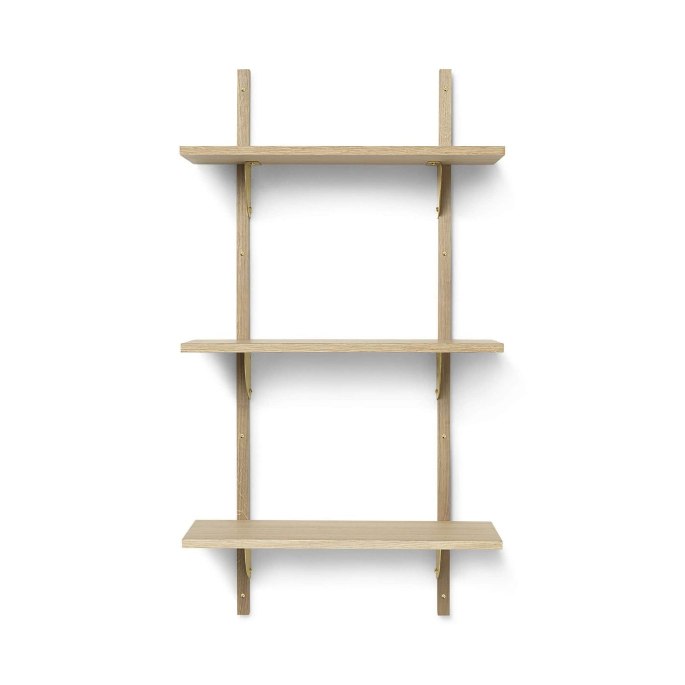 Ferm Living Sector shelf triple narrow in natural oak with polished brass brackets. Available from someday designs. #colour_natural-oak