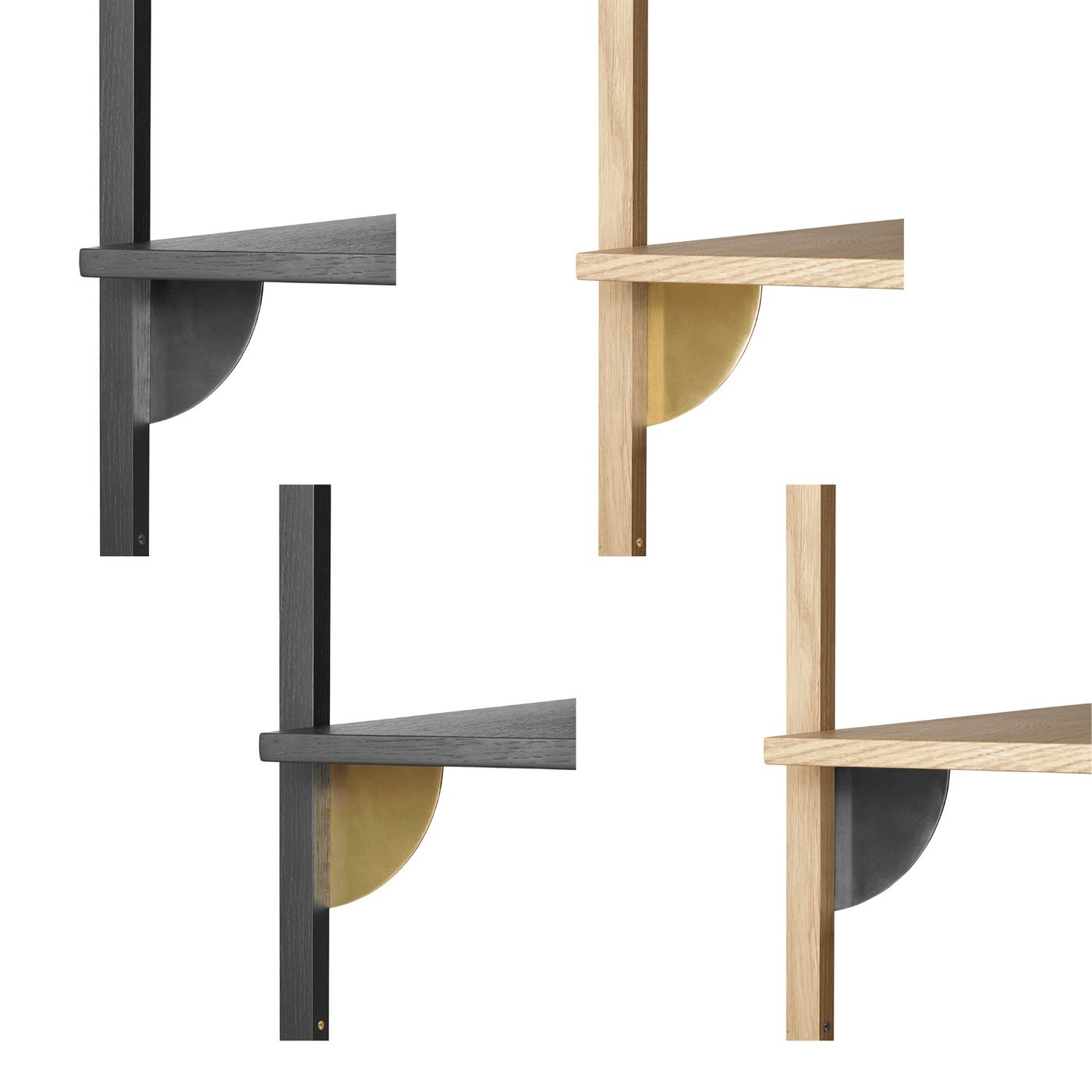 Ferm Living Sector Shelf series with polished brass or blackened brass brackets. Available from someday designs.