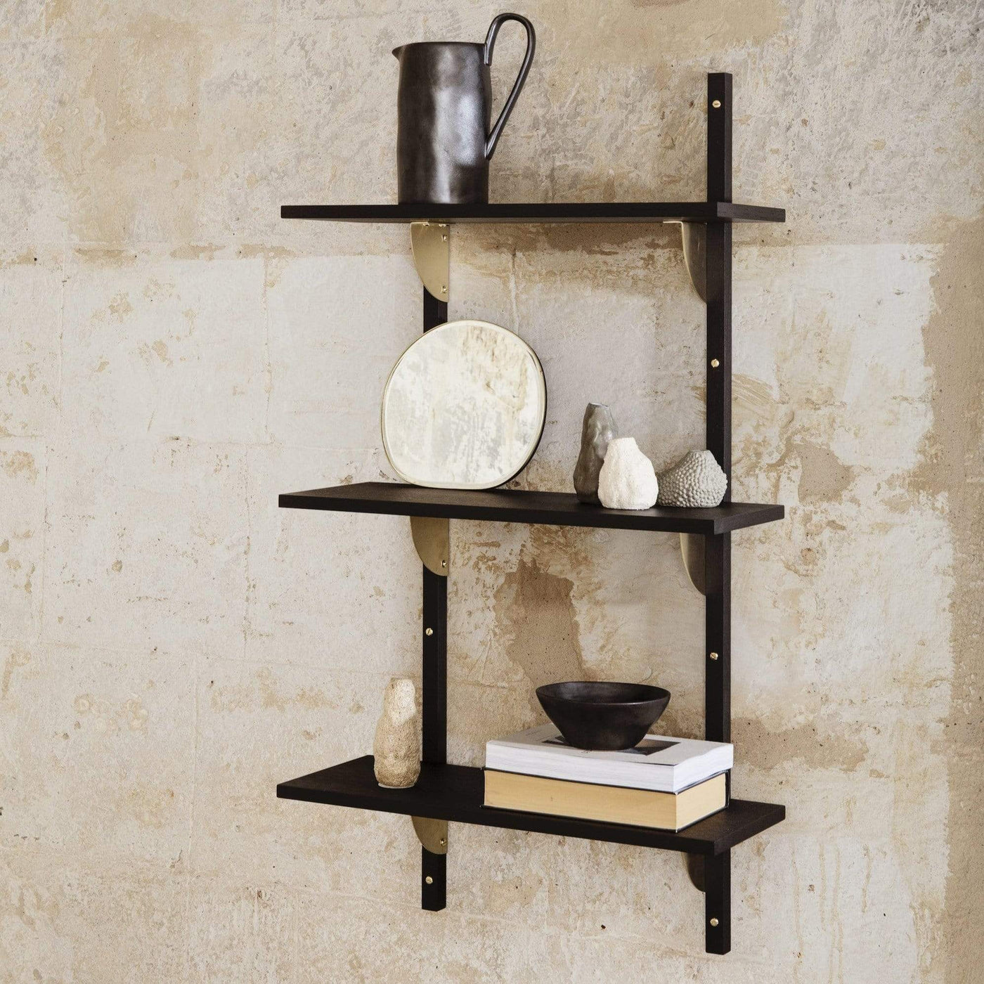Ferm Living Sector shelf triple narrow in black ash with polished brass brackets. Available from someday designs. #colour_black-ash
