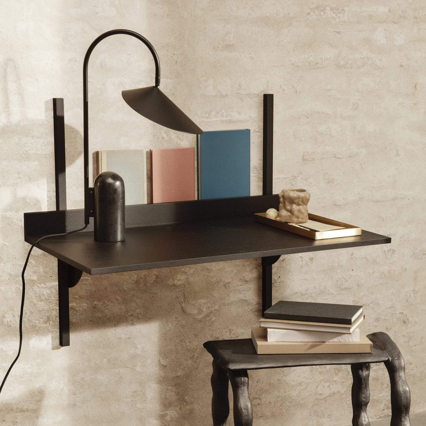 Ferm Living Sector Desk, black stained ash with black brass brackets. Shop online at someday designs. #colour_black-ash